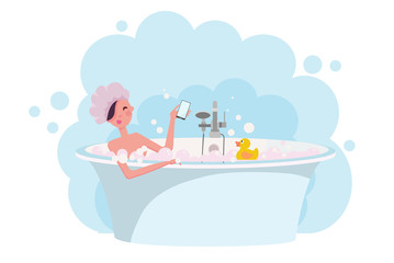 Girl in shower cap taking a bath full of soap foam.Yellow rubber duck in bathtub. Woman takes bath in exquisite bathtub. Relaxing girl in bathroom on white background. Flat cartoon vector illustration