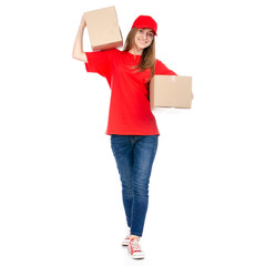 Delivery woman in red uniform holding box package isolated on white background