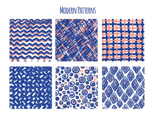 Boho seamless patterns set with ikat style for print design. Abstract repeat background. Blue tribal trendy vector wallpaper.