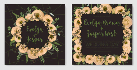 Set for wedding invitation, greeting card, save date, banner. Vintage frame with green fern leaf, boxwood, brunia eucalyptus and flowers eustoma cream. Isolated on brown background