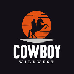 Vintage label with Silhouette of Cowboy on bucking horse at night Logo design inspiration