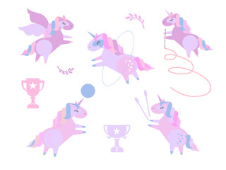 Obraz na płótnie Canvas Cute unicorns in rhythmic gymnastics. Set of beautiful pony doing rhythmic gymnastics with ribbon, ball, hoop, Flat cartoon style illustration on white background