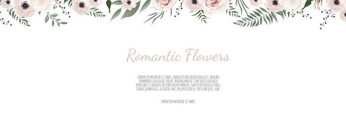 Horisontal botanical vector design banner. Pink rose, eucalyptus, succulents, flowers, greenery. Natural spring card or frame.