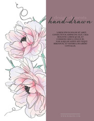 Botanical wedding invitation card template design, pink peony flowers greeting card. Tropical design. Spring natural hand drawn sketch.