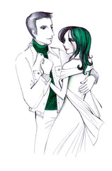 Dancing couple girl and young man. Figure ballpoint pen and green marker