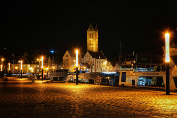 Harbor in Wismar at the Baltic Sea at night.