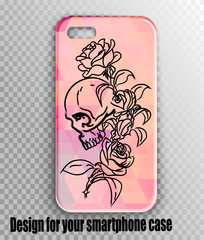 Stylish case for iPhone - vector layout with a creative print of a skull and roses