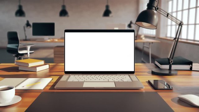 Modern laptop on the office table. Camera zoom in to the notebook screen.     The display with Alpha matte is perfect for tracking and adding your own presentation. High-quality 4K Prores 3D rendering