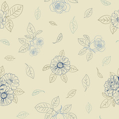 Seamless elegant pattern with flowers zinnia, camomile, daisy, sunflower, rose for textile, bedlinen, pillow, undergarment, wallpaper, packing paper. Vector illustration.