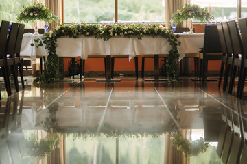 Table appointsment in restaurant. Wedding decoration in blue style