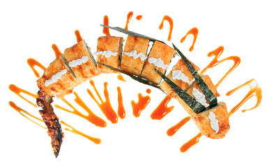 Sushi roll in the shape of a dragon. Isolated on white background. Creative dish for menu.