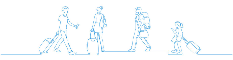 People walking with luggage continuous one line vector drawing
