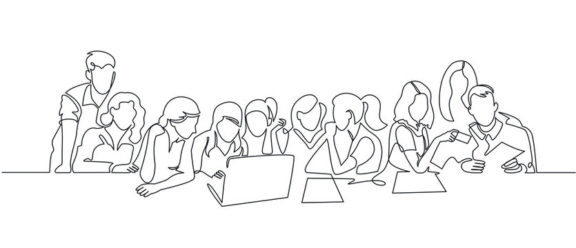 Group Of People Working Continuous One Line Vector Drawing