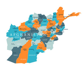 Afghanistan Map Political - Blue Orange Gray - Highly detailed vector illustration