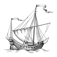 Old caravel, vintage sailboat. Hand drawn vector sketch.Detail of the old geographical maps of sea
