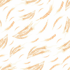 Watercolor wheat seamless pattern, yellow field repeat paper, eco food print, wheat print
