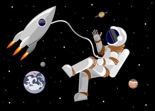 Flat style astronaut in outer space in the solar system near a rocket