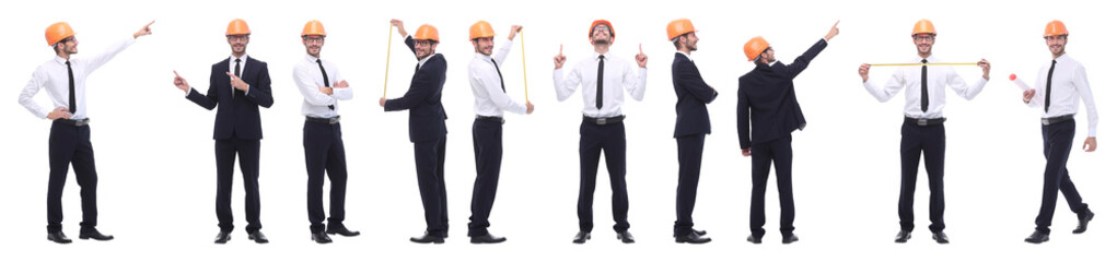 panoramic photo collage of confident architect isolated on white