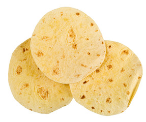 Three empty wheat tortilla flat lay top view isolated on white