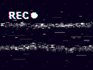 Glitch old camera rec on black background. VHS concept. Retro record effect. Abstract noise distortion with glitched lines. No signal television and white horizontal shapes. Vector illustration - obrazy, fototapety, plakaty