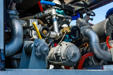 Closeup of the modern fire truck with firefighting equipment