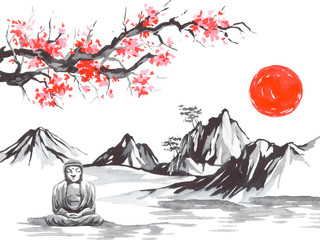 Japan traditional sumi-e painting. Fuji mountain, sakura, sunset. Japan sun. Indian ink illustration. Japanese picture.