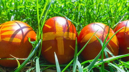 banner uova di Pasqua colorate sul prato verde