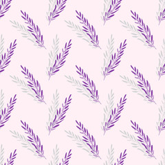 Fragrant lavender flowers in purple arranged in an endless pattern. Illustration of a stylish repeating graphic background. Vector seamless pattern great for spring fabric. Surface repeat design.