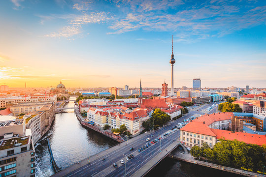 Berlin skyline with Spree river at sunset, Germany