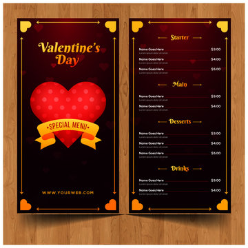 Valentines Day Menu Template In Realistic Style 