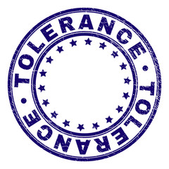 TOLERANCE stamp seal watermark with grunge texture. Designed with circles and stars. Blue vector rubber print of TOLERANCE tag with retro texture.