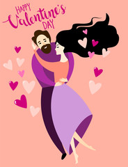 Valentine's day card with a happy dancing couple in cartoon style 