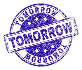 TOMORROW stamp seal watermark with distress texture. Designed with rounded rectangles and circles. Blue vector rubber print of TOMORROW caption with retro texture.
