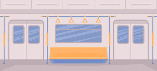 Subway train car inside. Interior with seats, a door for entrance and exit, handrails, window.