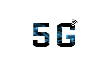 Fototapeta premium 5G network wireless systems and internet of things (iot), Digital smart city and communication network. Very fast connect global wireless devices. Atom connect text with White background.