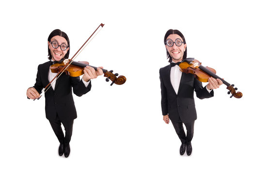 Funny man with music instrument on white