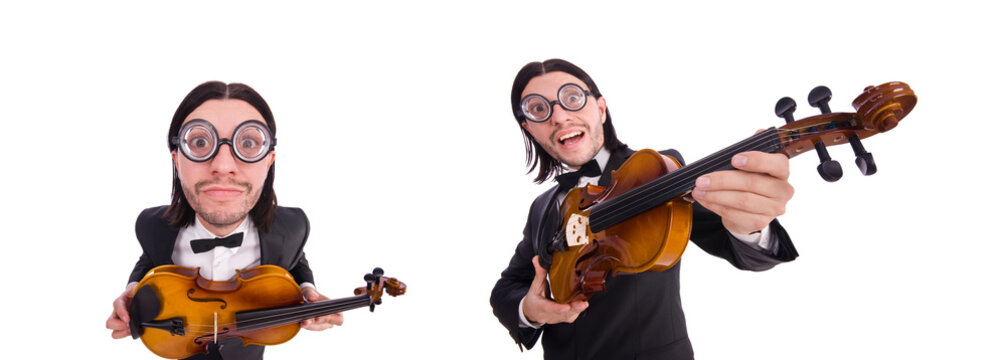Funny man with music instrument on white