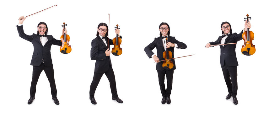 Funny man with music instrument on white