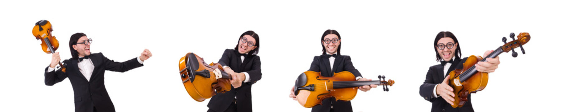 Funny man with music instrument on white