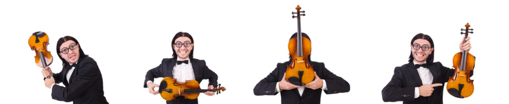 Funny man with music instrument on white