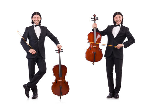 Funny man with music instrument on white