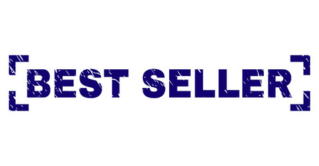 BEST SELLER text seal print with distress texture. Text title is placed between corners. Blue vector rubber print of BEST SELLER with scratched texture.