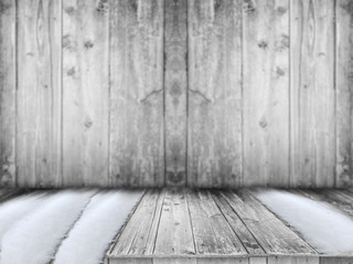 Winter Wooden board empty table in front of blurred background.