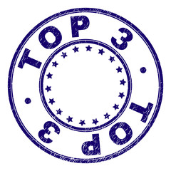 TOP 3 stamp seal watermark with grunge texture. Designed with circles and stars. Blue vector rubber print of TOP 3 text with unclean texture.