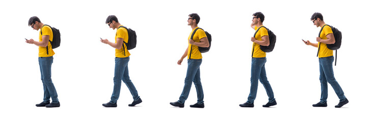 Student with backpack isolated on white 