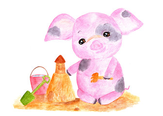 Pig. Watercolor illustration.
Pig playing on the beach with sand, build sand castles. Page in the calendar for the month of June, July.