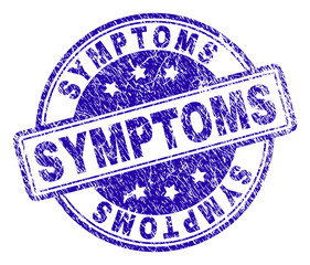 SYMPTOMS stamp seal imprint with grunge texture. Designed with rounded rectangles and circles. Blue vector rubber print of SYMPTOMS caption with dust texture.