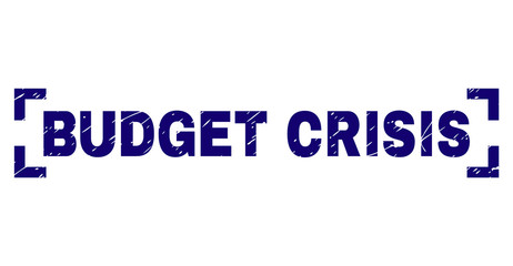 BUDGET CRISIS text seal stamp with grunge style. Text label is placed between corners. Blue vector rubber print of BUDGET CRISIS with grunge texture.