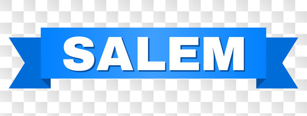SALEM text on a ribbon. Designed with white caption and blue stripe. Vector banner with SALEM tag on a transparent background.