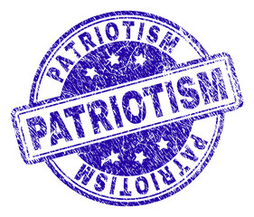 PATRIOTISM stamp seal watermark with grunge style. Designed with rounded rectangles and circles. Blue vector rubber print of PATRIOTISM tag with grunge texture.